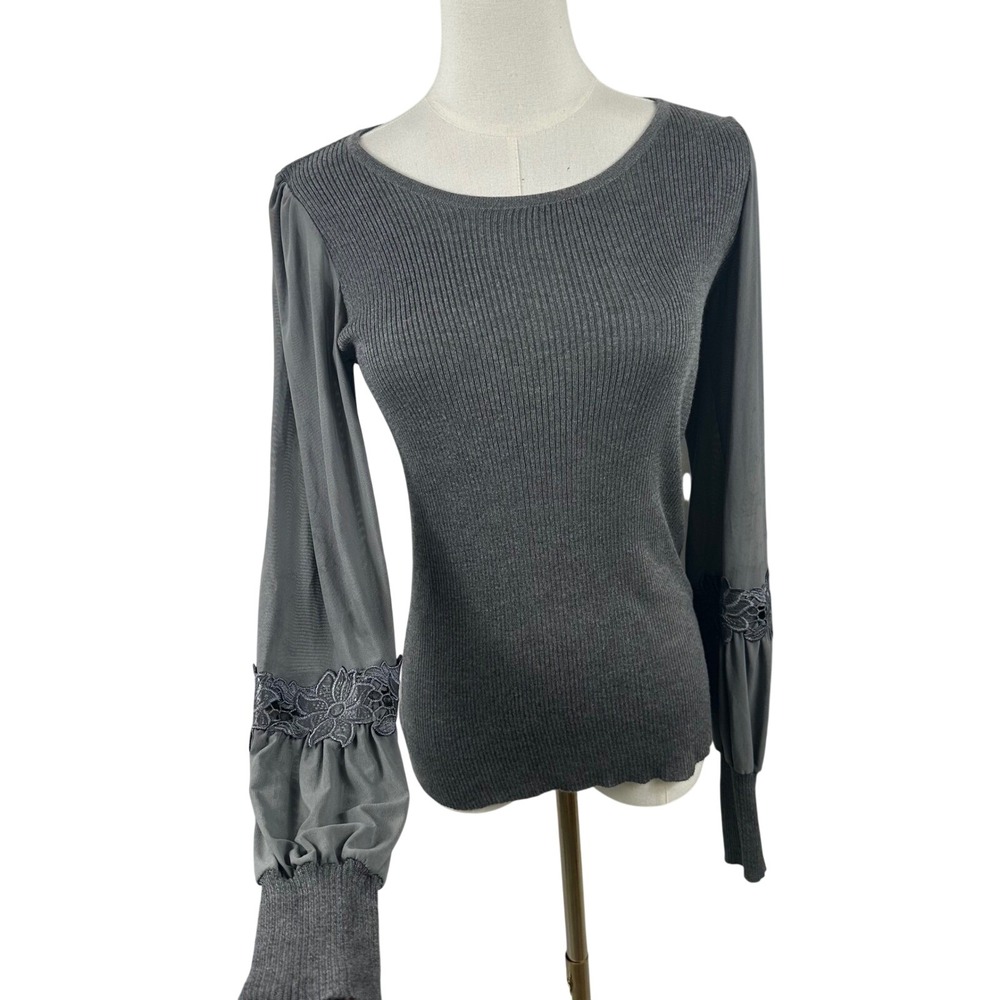 Coquette Sheer Puff Sleeve Sweater Women M Gray Ribbed Knit Lace Trim Top Jumper